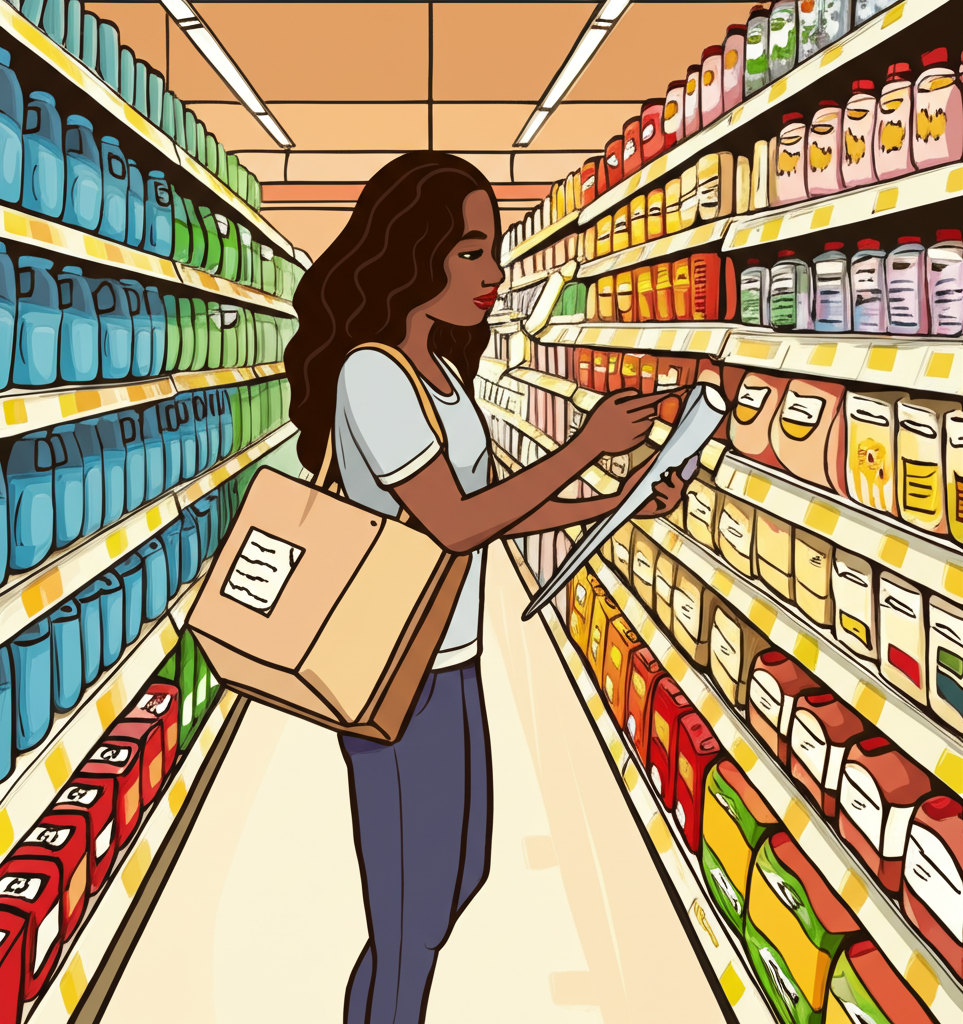 Person shopping for groceries with a list