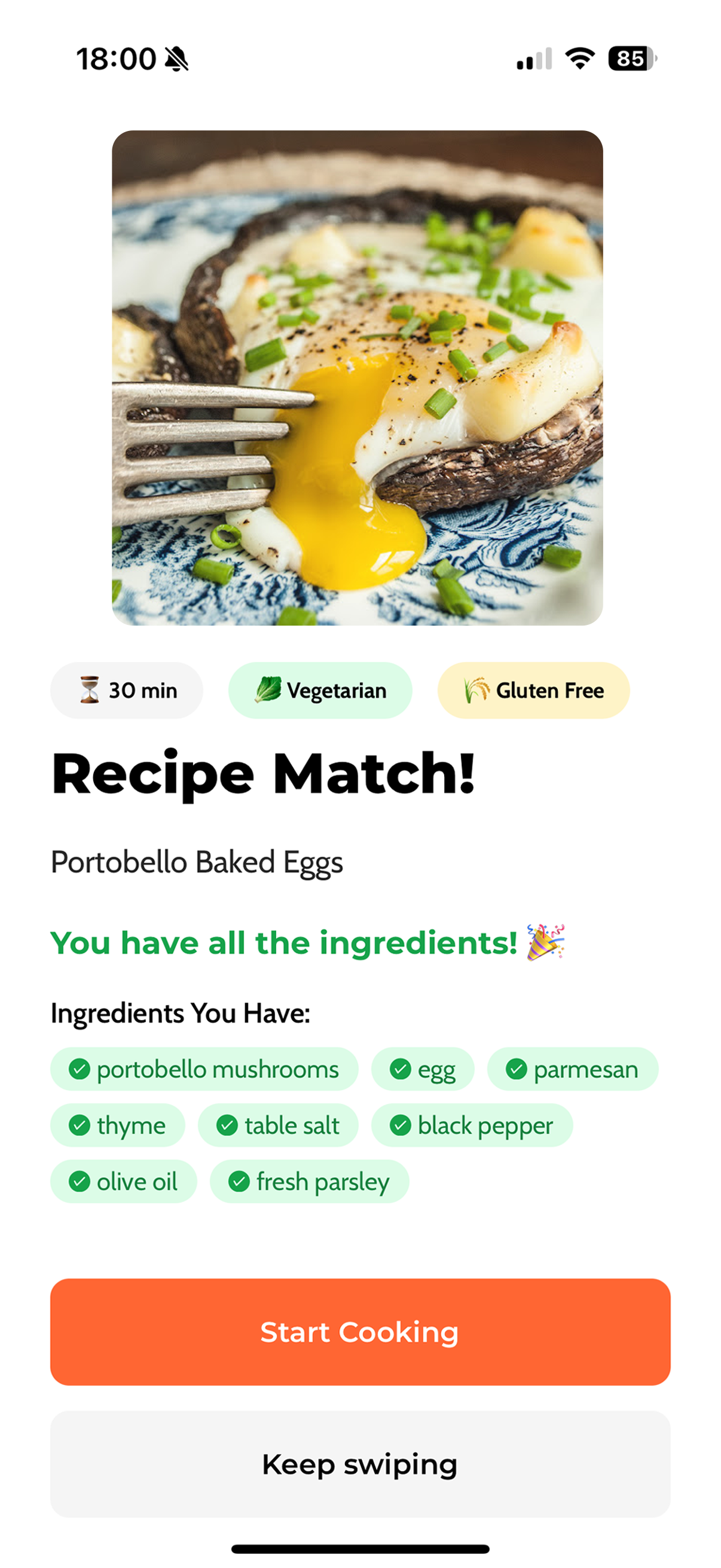 CoChef App Recipe Match Screen