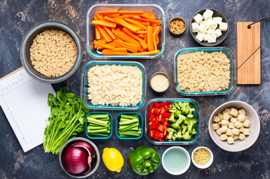 Meal planning with a notebook and ingredients